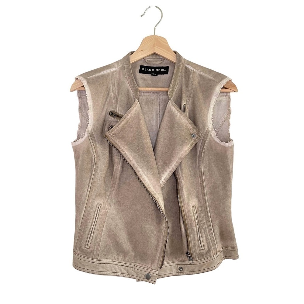 Blanc Noir Distressed Khaki Canvas Moto Vest Sleeveless Jacket Small